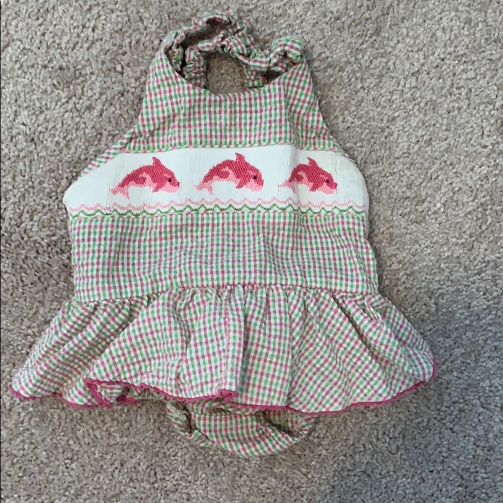 Smocked Gingam pink and green whale bathing suit